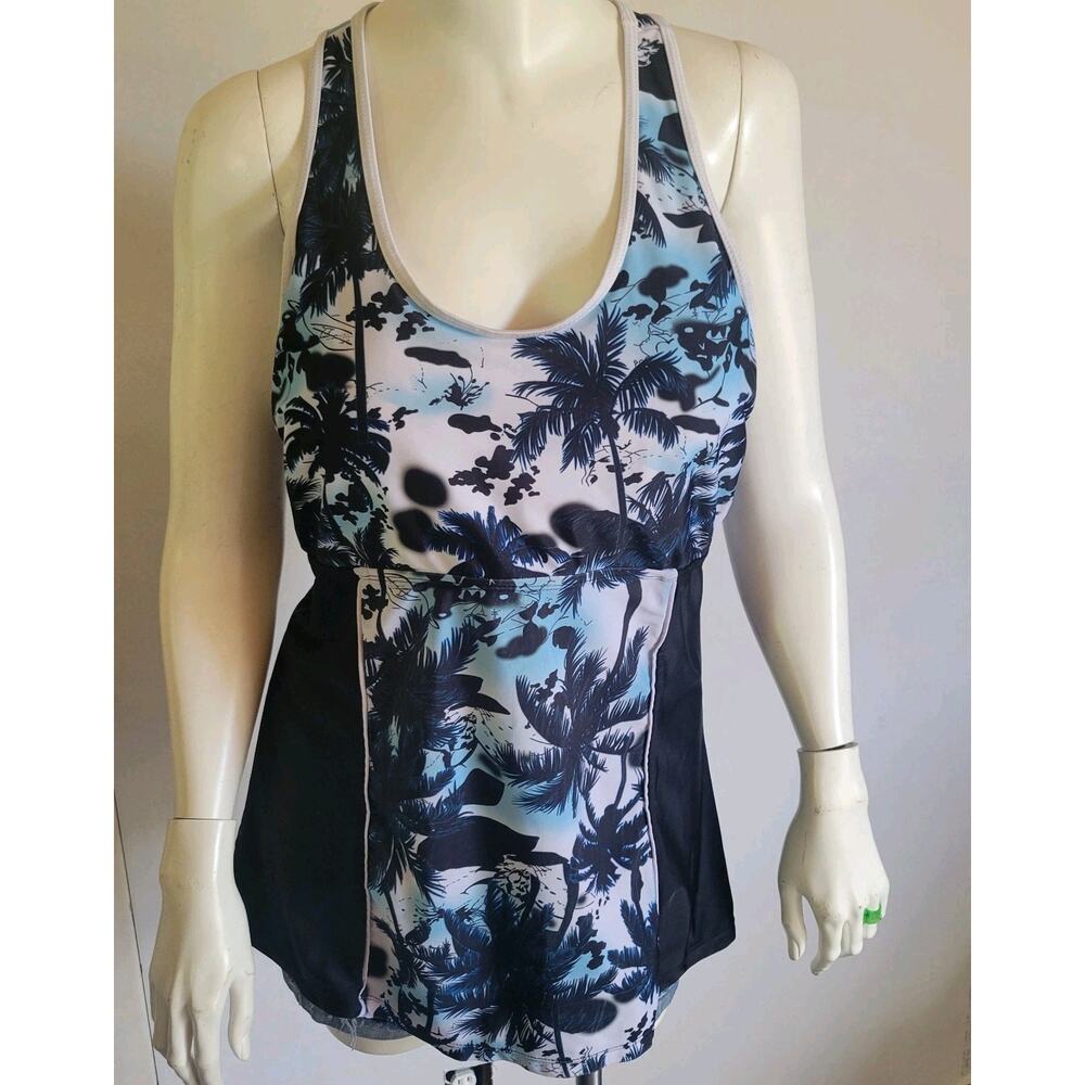 Womans 2XL Tropical Floral Blue/Black Swim Top Yoga T-back